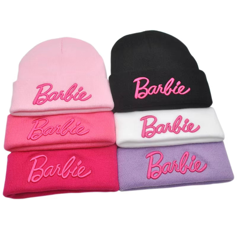 Barbie Knitted Hat Kawaii Y2K Girls Cute Woolen Hat Female Ski Cap Soft Warm Elastic All Match Leisure Hats Kids Adults Gifts